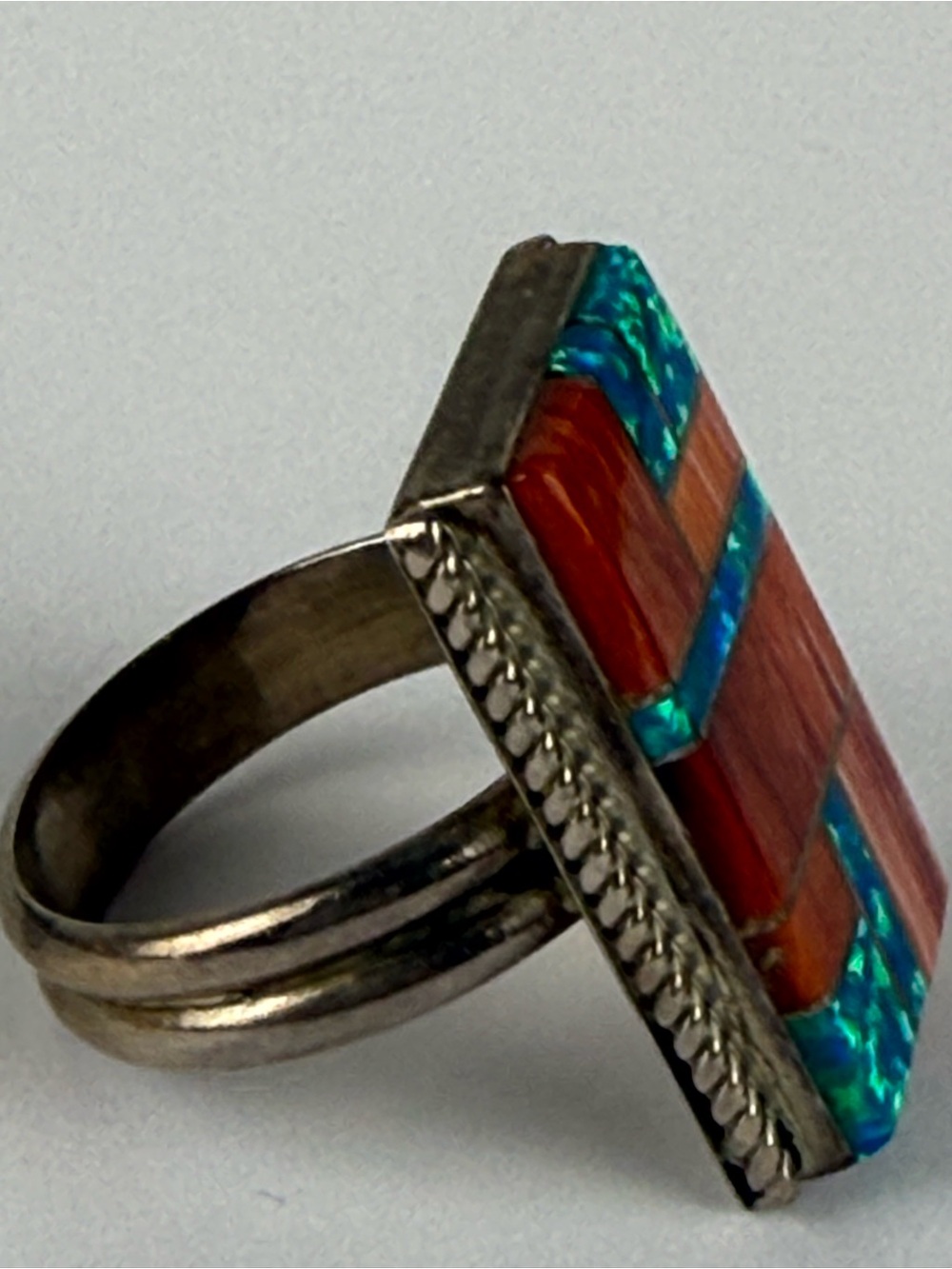 Native American Spiny Oyster, Lab Created Opal Sterling Silver Signed WG 8.75 - Picture 7 of 16